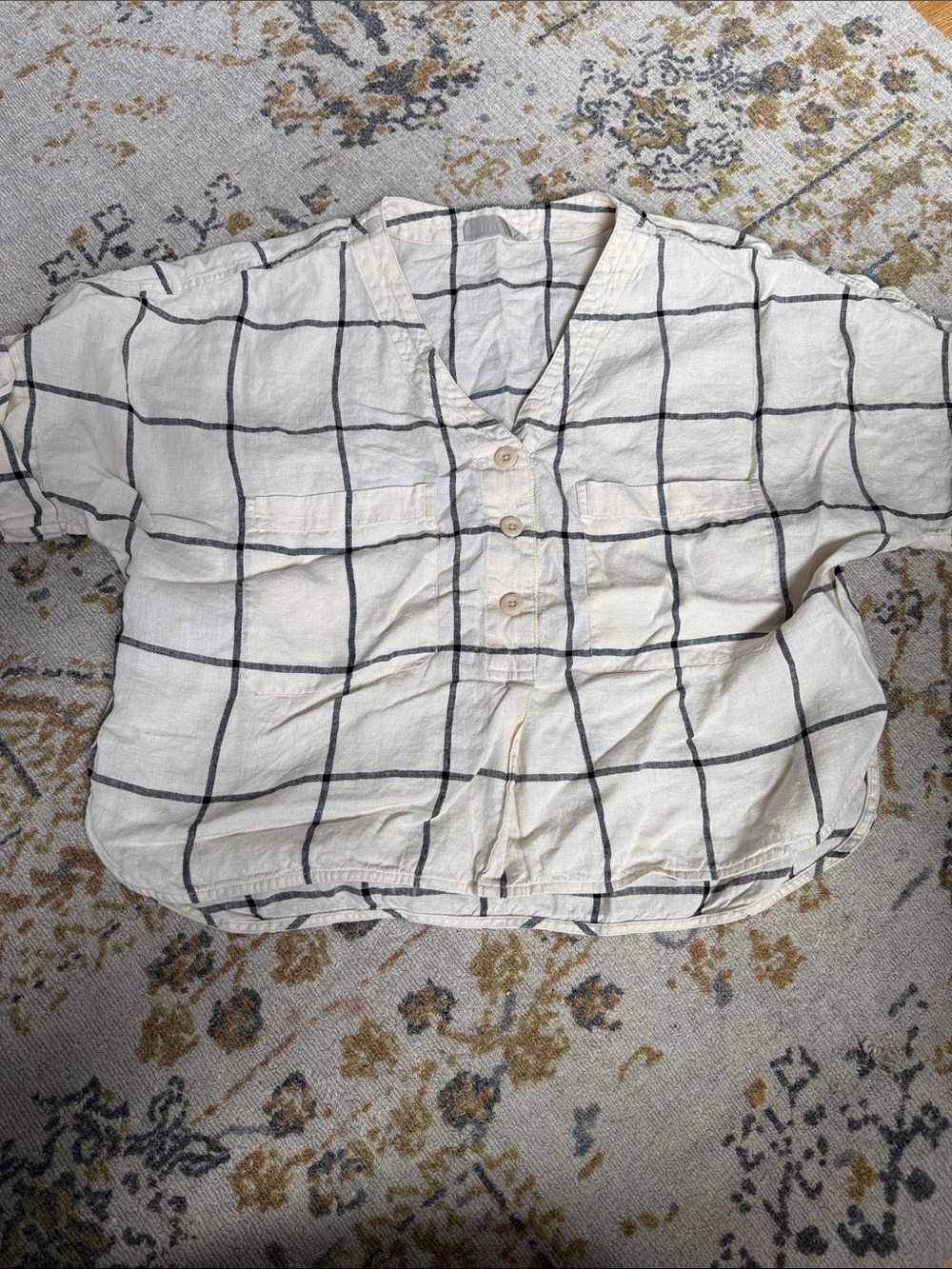 Everlane Cream Windowpane Button-Front Top, Crop, Linen | Sz XL